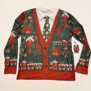 Faux Real T Shirt Mens Medium Christmas Holiday Themed Photorealistic Button Up